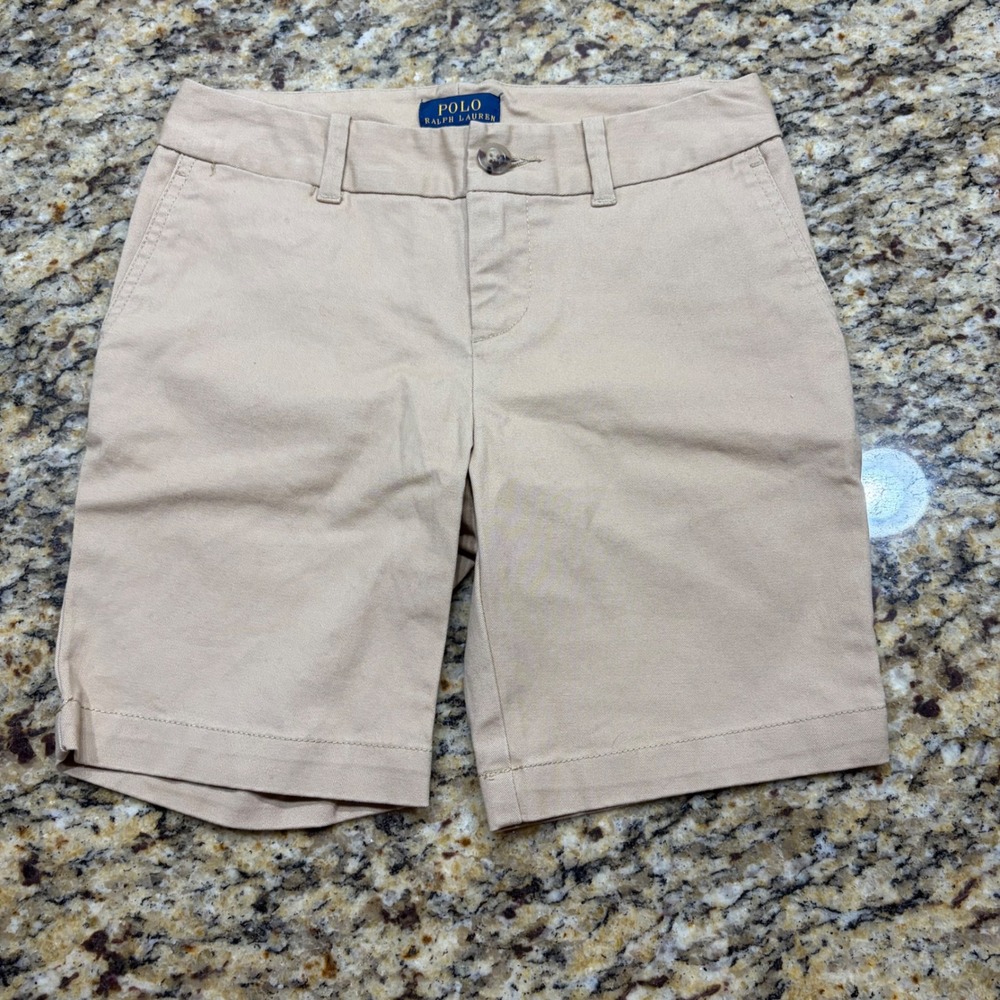 Polo Ralph Lauren Boy Tan Khaki Chino Shorts Size 7 Flat Front Preppy Twill ws